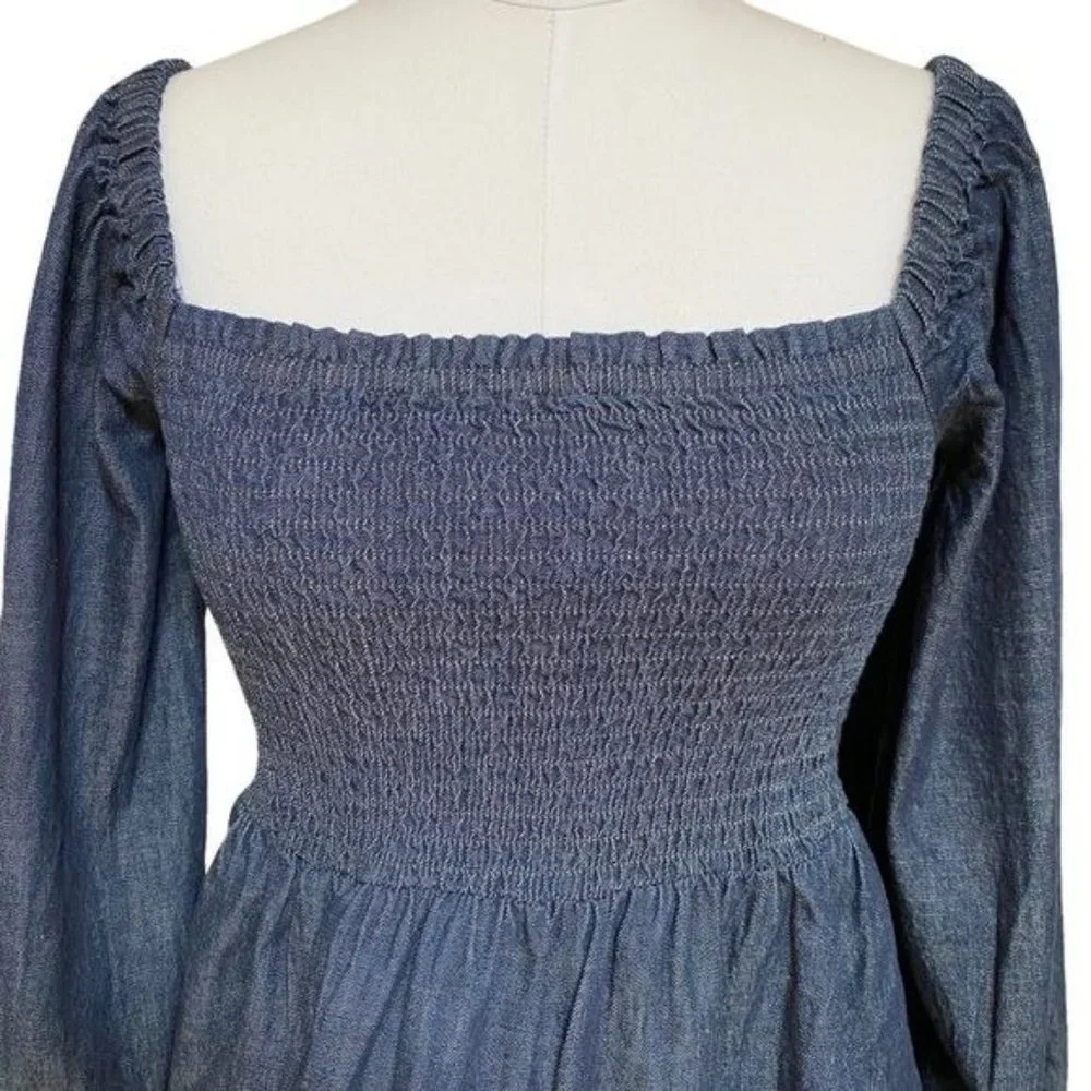 J. Crew Puff Sleeve Chambray Smocked Top in Birch Wash NWT